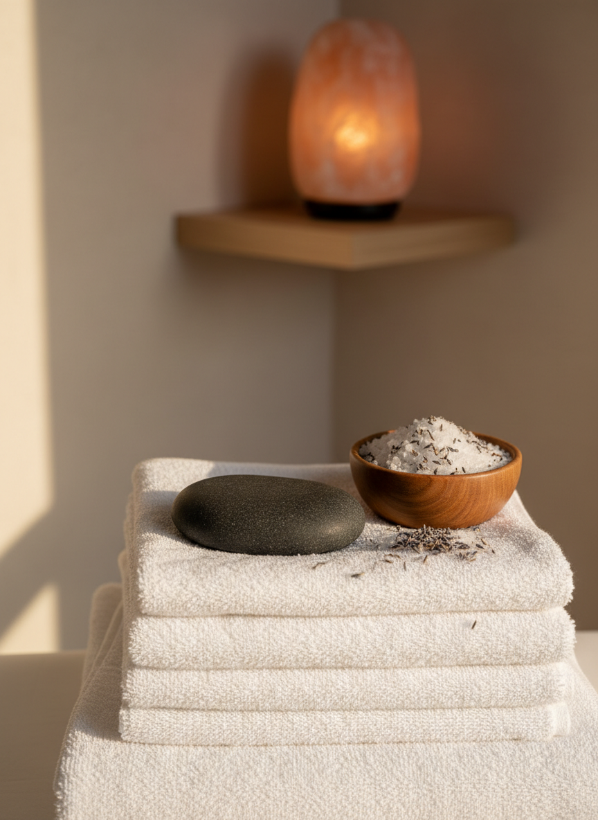 A close-up, photographic realistic scene of a calm treatment corner in a home, with a beautifully folded stack of fluffy white towels, a smooth basalt hot stone resting on top, and a wooden bowl filled with sea salt and dried lavender. Behind, a blurred background shows a neutral-toned wall and a softly glowing Himalayan salt lamp on a minimalist shelf. Warm, golden-hour light streams from the side, creating soft highlights on the stone and gentle shadows in the towel textures. Captured from a slightly elevated angle, the composition uses the rule of thirds to convey serenity, professionalism, and the comforting feel of a holistic therapist bringing the spa experience to you.
